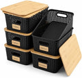 AREYZIN Storage Bins with Bamboo Lids Set of 6 Lidded Storage Container Plastic Baskets Organizer Bins for Organizing Kithen Room Bedroom Office Closet, Sturdy(Black) by AREYZIN