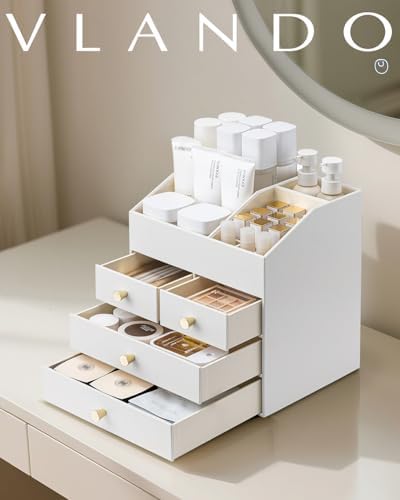 VLANDO Makeup Organizer Countertop with 4 Drawers,White - Image 6