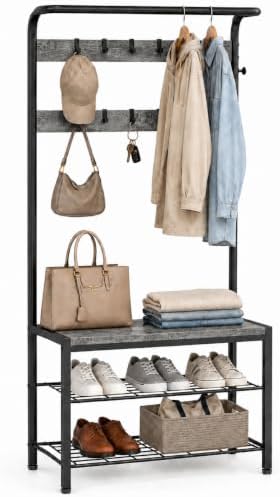 Simple Deluxe 4-in-1 Hall Tree with Bench and Shoe Storage, Entryway Coat Rack with 10 Hooks, Freestanding Mudroom Organizer with 2-Tier Shoe Rack for Entryway Bedroom Foyer, Grey by SimpleDeluxe