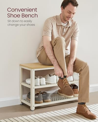VASAGLE 3-Tier Shoe Rack, Storage Bench with Metal Mesh Shelves and Seat - Image 4
