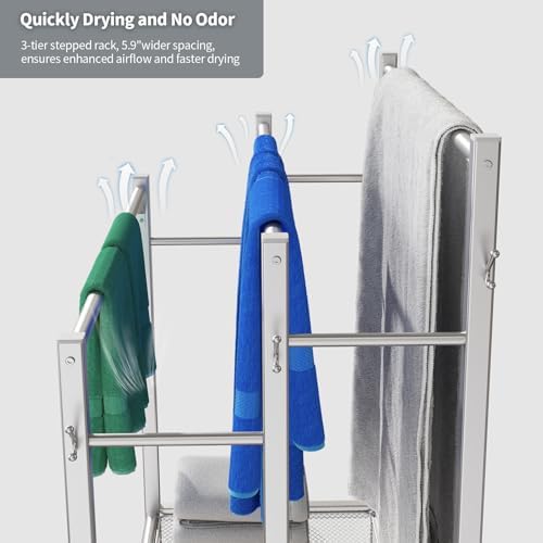 HavenlyYouth Free Standing Towel Rack for Bathroom, 3 Tier Blanket Drying Holder for Outside, Pool Towel Rack with Metal Shelf for Display and Storage, 35.8" H x 31.5" L x 11.8" W, Satin Nickel - Image 5