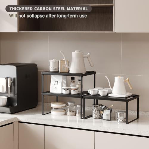 Kitchen Counter Oganizer Stackable Cabinet Organizer Shelf Riser, Spice Rack for Countertop, Pantry Organizers and Storage, Heavy Duty Kitchen Counter Shelves for Seasonings,Bowls (3 Pack, Black) - Image 5