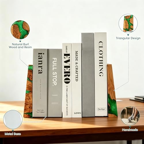 Glow in The Dark Green Resin Bookends, Burl Wood Book Ends for Shelves – Unique Luminous Book Organizer for Office Desk, for Book Lovers (Luminous Green) - Image 4
