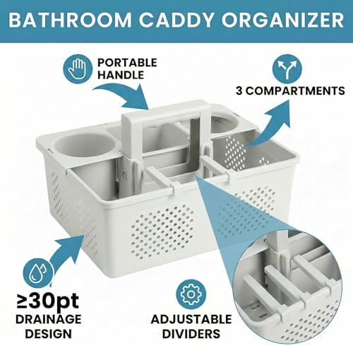 KMV Dorm Room Portable Shower Caddy with Adjustable Compartments - Ventilated Drainage Design with Handles, Perfect Toiletries Organizer for College Dorms-gray - Image 2