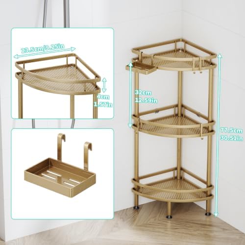 HapiRm Standing Corner Shower Caddy - 3 Tier Shower Organizer Corner with Soap Holder and 4 Hooks, Rustproof Bathroom Storage Shelves with Adhesives, Gold - Image 7