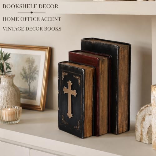 Decorative Bookends Vintage Cross Design, Resin Faux Book Stack Antique Shelf Decor, Antique Vintage Decoration for Home Office Library Old World Farmhouse Style - Image 7