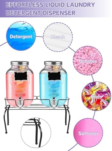 2 Pack 4L Laundry Detergent Dispenser with Stand, Glazeal 1 Gallon Glass Containers for Fabric Softener, Bleach & Laundry Room Organization, Includes 2pcs Measuring Cup & 2pcs Chalkboards - Image 6