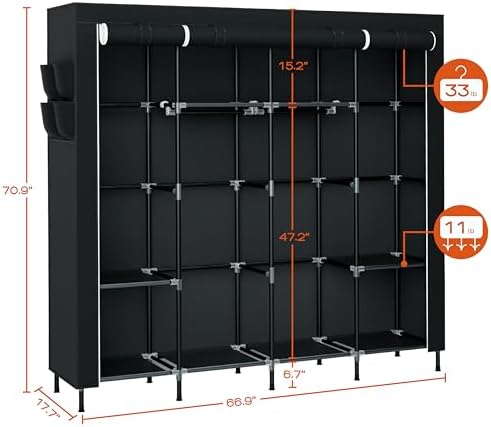 CASAMAYA Portable Closet, 66.9 Inch Large Capacity Wardrobe Closet with Cover, Clothes Storage Organizer with Shelves and 4 Hanging Rods, Easy to Assembly, Black PCT204B01 - Image 4