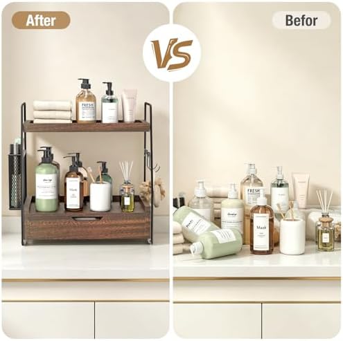 2-Tier Bathroom Counter Organizer with Drawer, Wood Counter Storage Shelf - Image 4