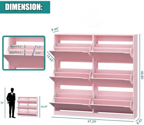 Xixini Shoe Storage Cabinet for Entryway with 6 Flip Drawers, Sturdy Wood Hidden Shoe Storage, Freestanding Narrow Slim Shoe Organizer for Front Door Entrance, Living Room, Hallway, Bedroom, Pink - Image 2