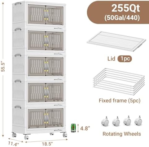 BROVIEW 225Qt Stackable Storage Bins with Lid, Extra Large Closet Organizer Collapsible Drawer Boxes with Wheels, Folding Plastic Cabinet Containers for Home Kitchen Room Organization, 5Pack White - Image 2