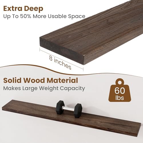 Floating Shelves for Wall Decor, 8 Inch Deep Rustic Solid Elm Wood Floating Shelves Wall Mounted, Wall Shelves with Invisible Bracket for Living Room Bathroom Bedroom Kitchen, 55 Inch Set of 1, Walnut - Image 5