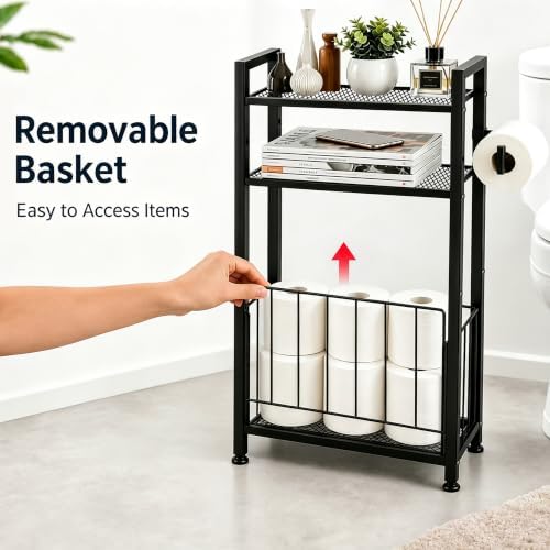 Black Freestanding Toilet Paper Holder Stand with Shelf and Roll Storage - Image 5