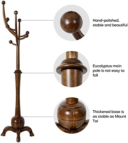 Bekrvio Coat Rack Freestanding Wood Coat Tree Rack with 8 Hooks, Walnut - Image 2