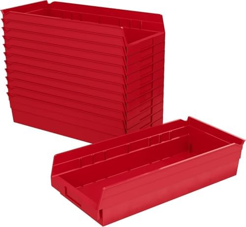 Akro-Mils 30158 Heavy Duty Plastic Shelf Bins, 18"x 8"x 4", Red, 12-Pack by Akro-Mils