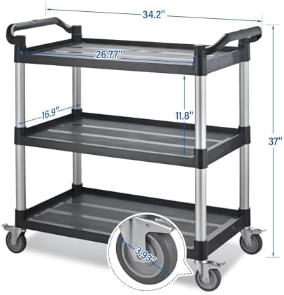 Utility Rolling Carts with Wheels, Large Size Plastic Service Carts, Heavy Duty Restaurant Cart with 4 Lockable Brake Wheels for Kitchen/Office/Warehouse (3 Tier - 34×17×37inches / 510lbs) - Image 7