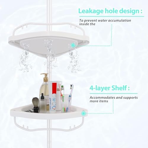 Shower Caddy Tension Pole with 4 ABS Baskets,Shower Storage Shelf with 56 to 125 Inch Adjustable Stainless Pole for Bathroom White - Image 3
