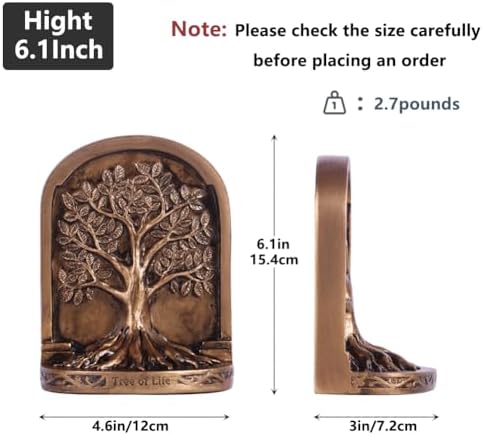 Tree of Life Bookends Set – 6.1" Resin Decorative Bookends, Antique Bronze Finish, Non-Skid Heavy Duty Support for Books, Bookshelf Decor, Office, Library, Housewarming Gift - Image 2