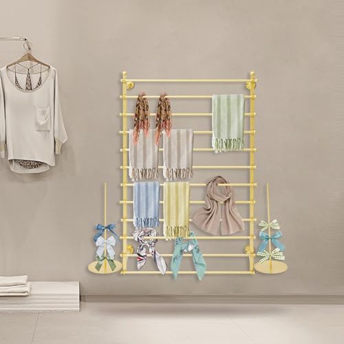 Ribbon Storage Organizer, Wall Mounted Ribbon Organizer, 12-Tier Metal Gift Wrapping Paper Rack, Spool Tie Scarf Hijab Belt Towel Hanger, for Home, Craft Room, Flower Shop, Gold, 31.5in Wide - Image 4