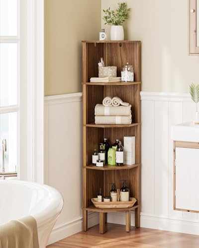 Corner Shelf, 5 Tier Corner Bookshelf, Display Corner Shelf Stand with Storage Rack, Wall Corner Bookshelf for Living Room, Bedroom, Office, Walnut - Image 7