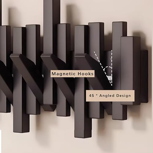 Key Holder Wall Mount, Splicable Wooden Piano Coat Rack Wall Mount, Modern Wall Art Flip Down Magnetic Hooks Wall Hook Hat Hanger for Entryway Key Holder Bedroom Kitchen (Black, 8 Hooks) - Image 3