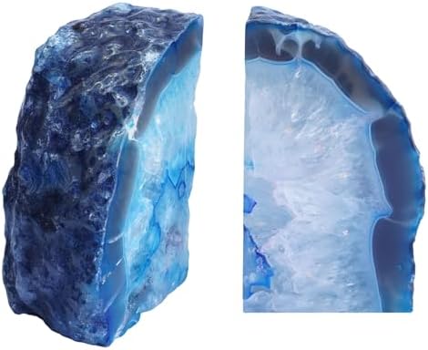 Natural Blue Dyed Agate Geode Bookends - 3 to 4 lb Heavy Duty Rock Crystal Stone Book Ends for Shelves, with Rubber Bumpers, Decorative Book Holders for Home Office - Image 2