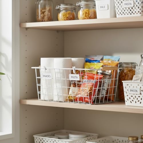 White Metal Wire Food Storage Basket with Wooden Handles for Organizing Snack Basket,Pantry Organizers and Storage for Kitchen Cabinets 4 Pack (Medium) - Image 7