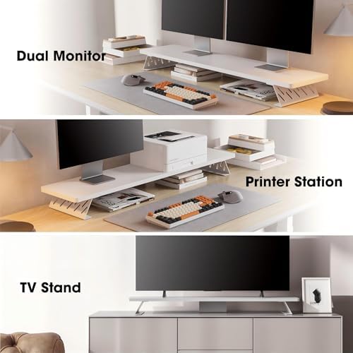 Fenge Monitor Stand Riser, Wooden & Metal Desk Shelf Organizer, White - Image 7