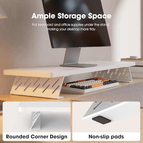 Fenge Monitor Stand Riser, Wooden & Metal Desk Shelf Organizer, White - Image 6