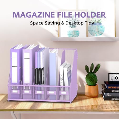 5 Vertical Compartments Magazine Holder, Metal Binder Organizer, Purple - Image 4