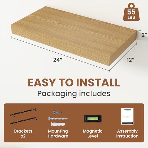 Vivelove 12" Deep Floating Shelves 24x12” Set of 2, Oak - Image 3