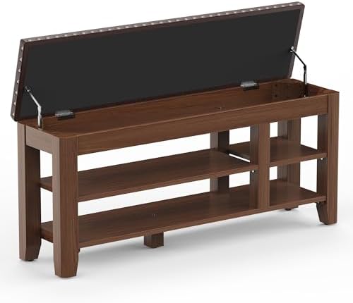 Shoe Bench for Entryway, Solid Rubberwood Shoe Bench with Hidden Storage, Adjustable 2-Tier Shelves & Soft PU Leather Seat, Shoe Rack Durable Easy Assembly for Hallway or Bedroom - Brown, 47.28" by Rosedate