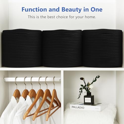 ECDYQXVU 15x10x9 Inch Woven Cotton Rope Storage Basket, Black, 2 Pack - Image 4