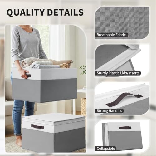 2 Pack EXTRA LARGE Blanket Storage Baskets with Lids, 22”x16”x12” Closet Organizers Bins for Clothes Towel/ Storage Box with Lid Handles/ Stackable Decorative Fabric Bins for Living Room, Nursery - Image 6