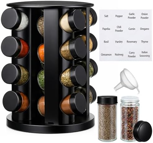 Yungyan Black Rotating Spice Rack with 16 Empty Jars and Labels - Image 2