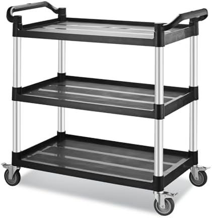 Utility Rolling Carts with Wheels, Large Plastic Service Carts, Heavy Duty Restaurant Cart with 4 Brake Lockable Wheels for Kitchen/Office/Warehouse (3 Tier-40.1×19.7×38.1inches/540lbs) by Imaboie
