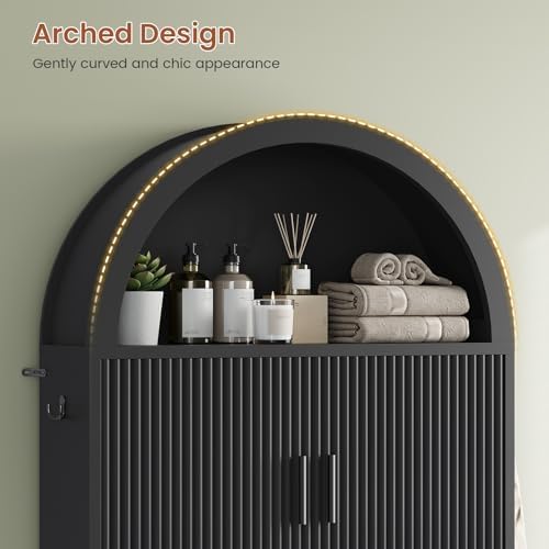 Itaar Arched Over The Toilet Storage Cabinet, 78.7" H Fluted Bathroom Organizer with Reversible Side Cabinet, Adjustable Shelves, Anti-Tipping, Hooks & Paper Holder for Bathroom Laundry Room, Black - Image 6