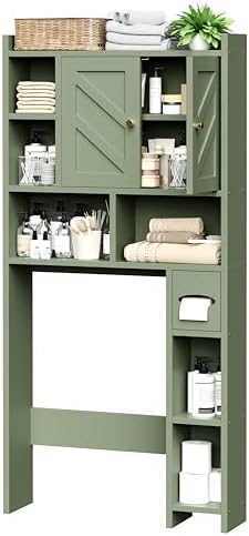 Over The Toilet Storage Cabinet, 64.6" Tall Bathroom Organizer Space Saver with Toilet Paper Holder & Adjustable Shelf, Freestanding Wood Cabinet for Small Space, Green - Image 7