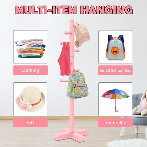 8-Hook Freestanding Wooden Coat Rack 2 Adjustable Heights Pink - Image 6
