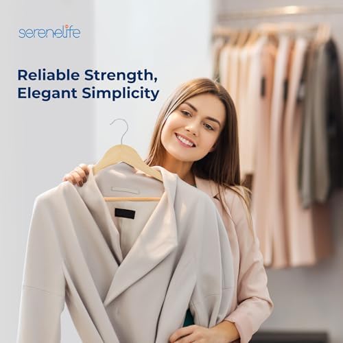 SereneLife Solid Wooden Hangers, Mega Pack, 50 Pieces Hangers for Clothes, Heavy Duty Suit Hanger Set with Chrome 360 Degree Swivel Hook, Notched Design, Natural Wood Color - Image 7