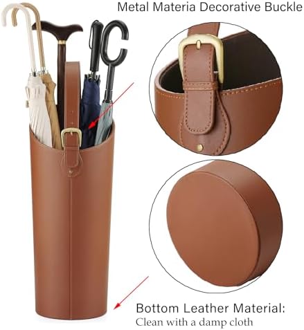 Brown Artificial Leather Tall Umbrella Holer Entryway Indoor for Business Office,22.4 Inch Umbrella Stand Entryway with Removable Water Tray 2 Hooks - Image 4