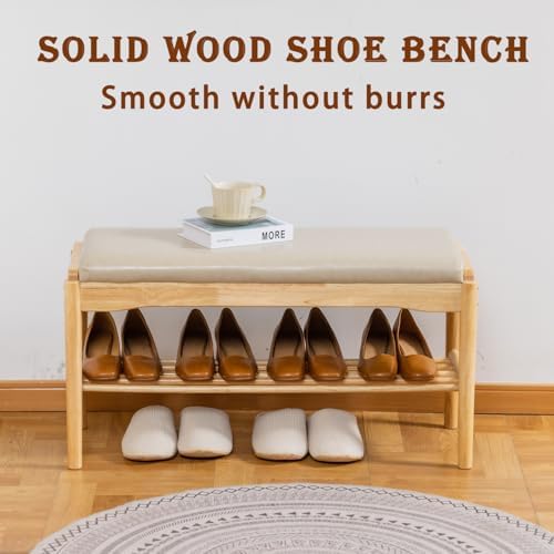 latifolia Small Shoe Bench, Solid Wood Bench with Cushion, 2 Tier Shoe Storage Organizer for Entryway(Nature,31.50''L) - Image 4