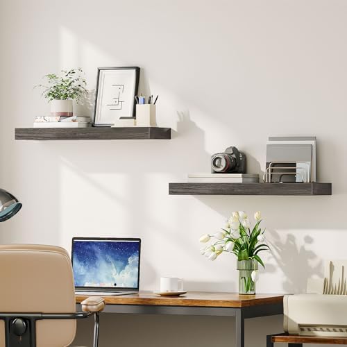 HOOBRO Floating Shelves for Wall, Wall Mounted Shelf Set of 2, 23.6" Hanging Shelf with Invisible Brackets, for Wall Decor Storage in Bathroom Bedroom Kitchen Livingroom Office, Charcoal Gray BC60BJ01 - Image 5