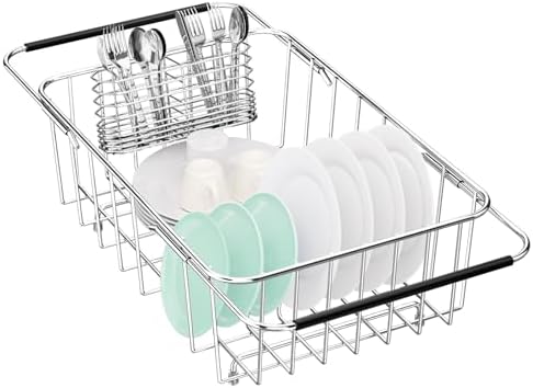 Fanbsy Small Dish Drainer Rack in Sink Adjustable, Expandable Stainless Steel Metal Dish Drying Rack Organizer with Stainless Steel Utensil Holder Over Inside Sink Counter, Rustproof(for 1-2 People) by Fanbsy