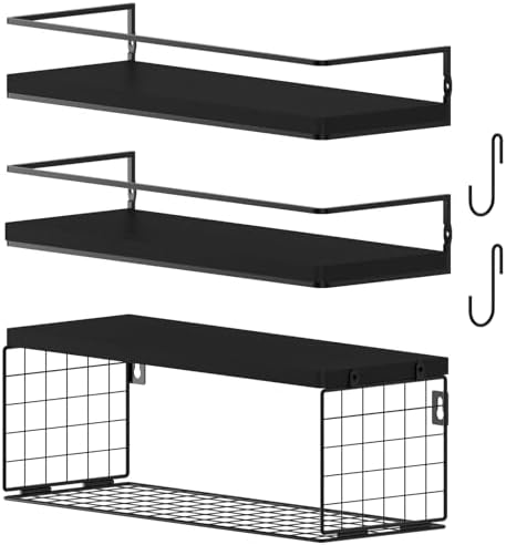 Black Floating Shelves with S Hooks, Wall Mounted Bathroom Shelves Over Toilet with Toilet Paper Basket, Bathroom Organizers and Storage, Small Corner Shelf for Bedroom Home Room Wall Decor by Unknown