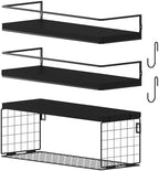 Black Floating Shelves with S Hooks, Wall Mounted Bathroom Shelves Over Toilet with Toilet Paper Basket, Bathroom Organizers and Storage, Small Corner Shelf for Bedroom Home Room Wall Decor by Unknown