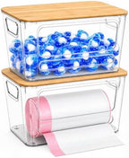 2 Pack Stackable Trash Bag Organizer, Bamboo Lid, Clear Open-Front Bin by Mystozer