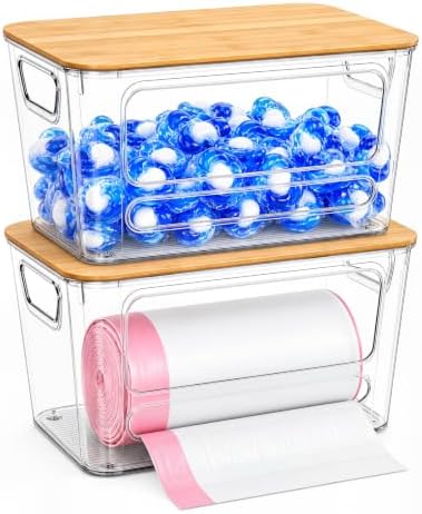 2 Pack Stackable Trash Bag Organizer, Bamboo Lid, Clear Open-Front Bin by Mystozer