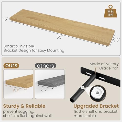 Fun Memories 55 Inch Long Floating Shelves for Wall, 55x9.3 Large Floating Shelf for Bedroom, Kitchen, Bathroom, Wall Mounted Rustic Wood Shelves with Invisible Bracket for Books, Decor, Oak - Image 3