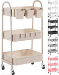 3 Tier Khaki Metal Utility Rolling Cart, Storage Carts with Lockable Wheels by Recximi